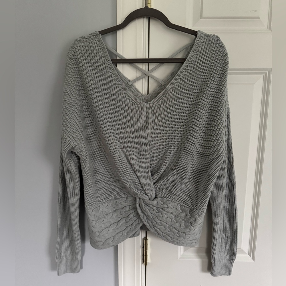 Express Light Gray Knit Twist-Front Sweater